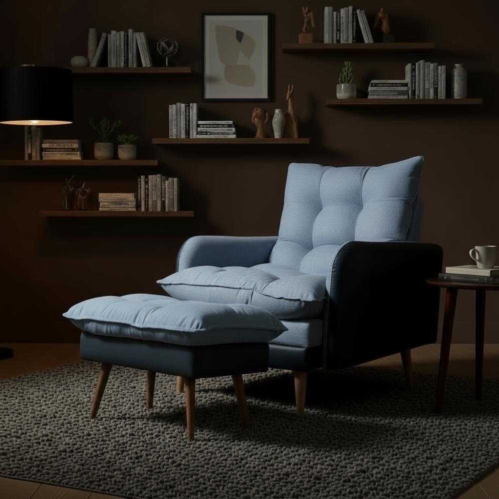 Poltrona Reclinável 3 Posições Com Puff Roma Em Linho Premium Grafite Preto Com Puff Roma - 1