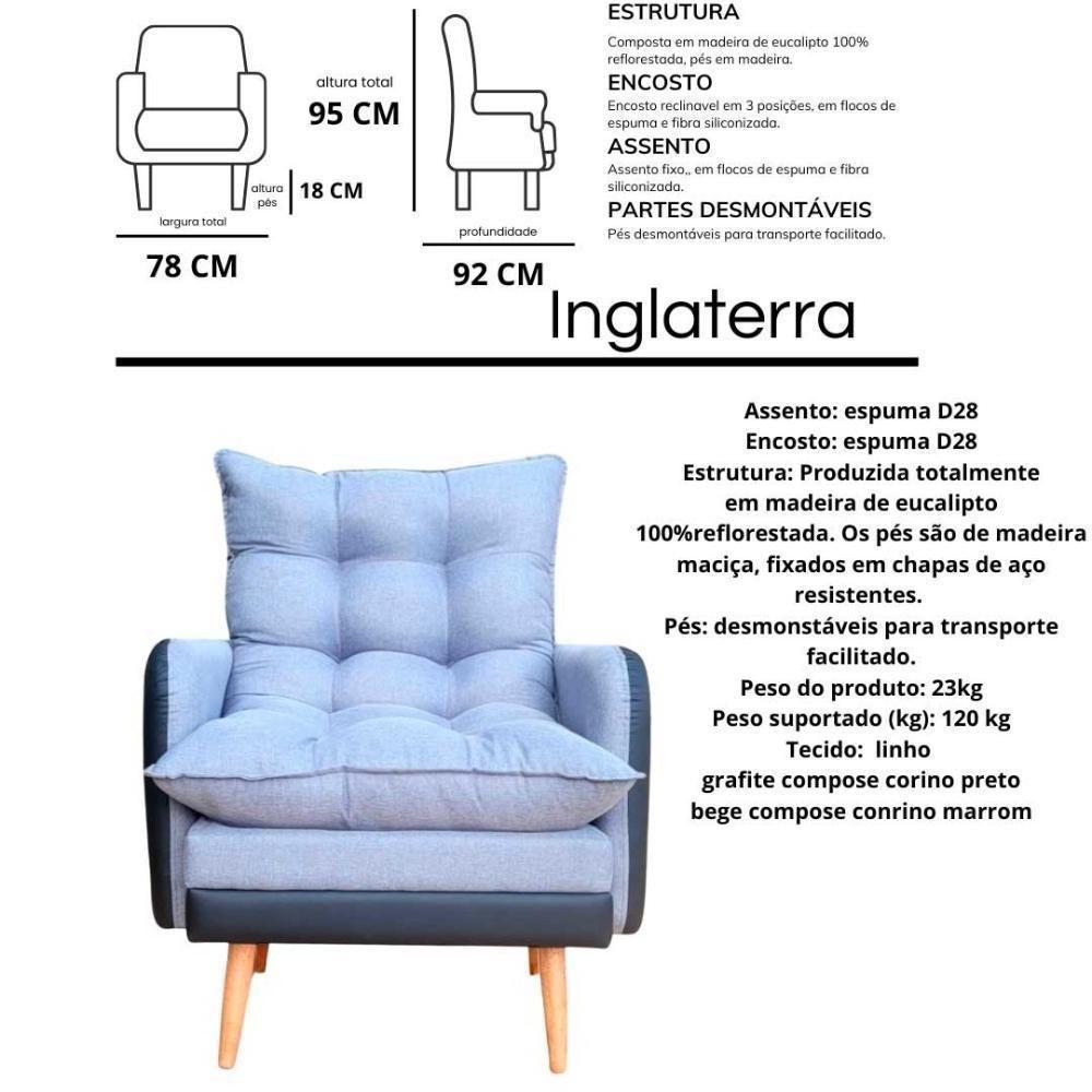 Poltrona Reclinável 3 Posições Com Puff Roma Em Linho Premium Grafite Preto Com Puff Roma - 4