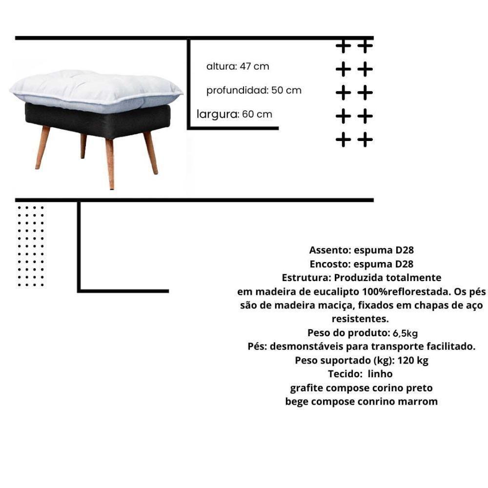 Poltrona Reclinável 3 Posições Com Puff Roma Em Linho Premium Grafite Preto Com Puff Roma - 5