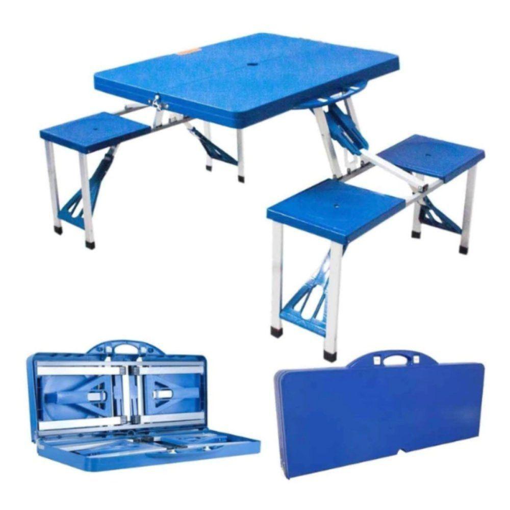 Mesa Dobrável De Alumínio Com 4 Banquetas Para Camping - Azul - 1