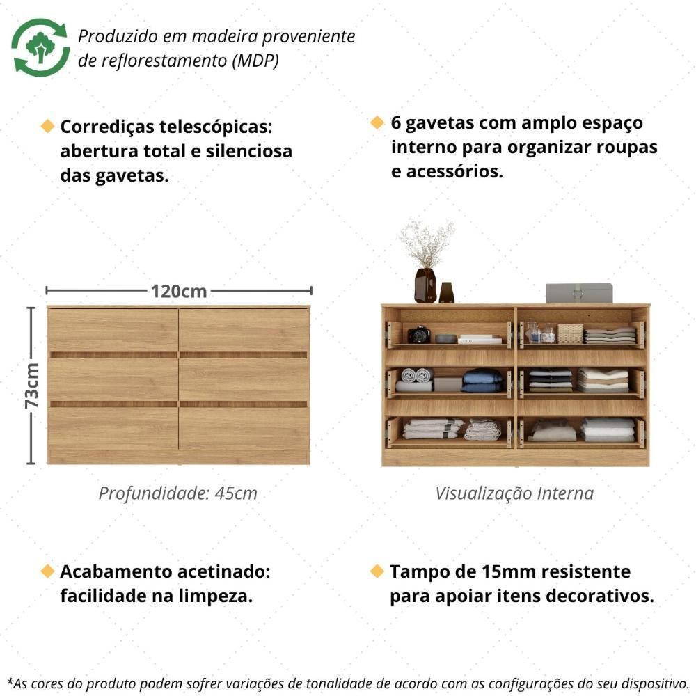 Cômoda Com 6 Gavetas 120cm Multimóveis Mp4396 Madeirado - 3