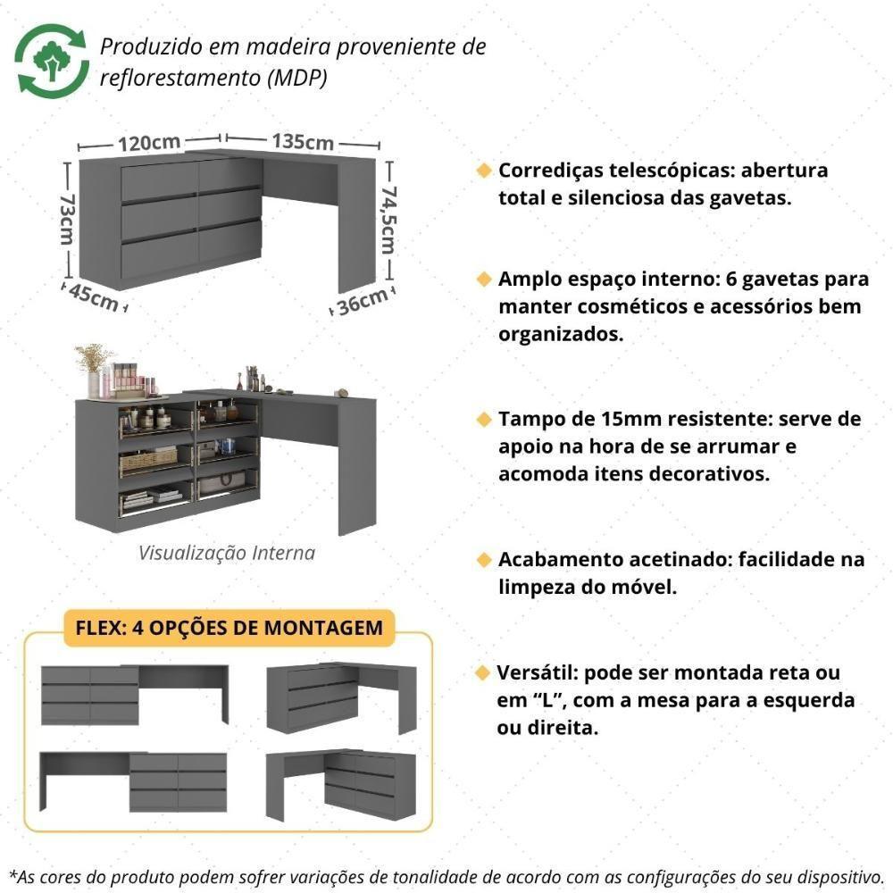 Penteadeira De Canto 120cm 6 Gavetas Flex Multimóveis Mp4404 Grafite - 3