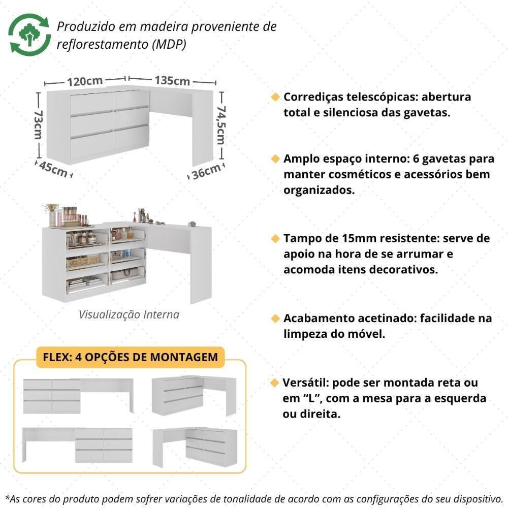 Penteadeira De Canto 120cm 6 Gavetas Flex Multimóveis Mp4404 Branco - 3