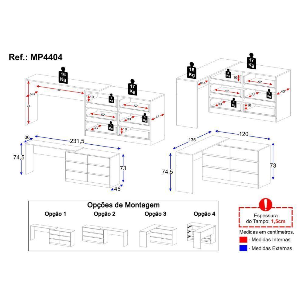 Penteadeira De Canto 120cm 6 Gavetas Flex Multimóveis Mp4404 Branco - 4