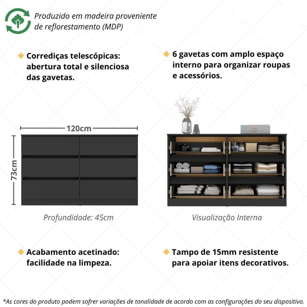 Cômoda Com 6 Gavetas 120cm Multimóveis Mp4396 Preto - 3
