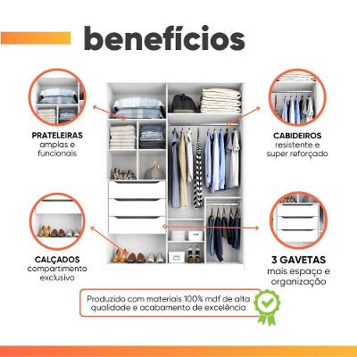 Guarda Roupa Casal Ravena 2 Portas de Correr 3 Gavetas
