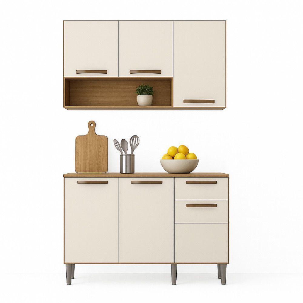 Kit Armário De Cozinha Alba Aéreo E Balcão 3 Portas Cinamomo/off White - 1
