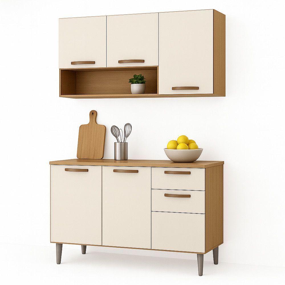 Kit Armário De Cozinha Alba Aéreo E Balcão 3 Portas Cinamomo/off White - 2