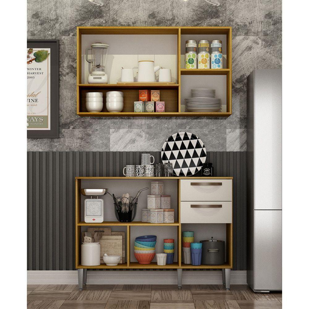 Kit Armário De Cozinha Alba Aéreo E Balcão 3 Portas Cinamomo/off White - 3