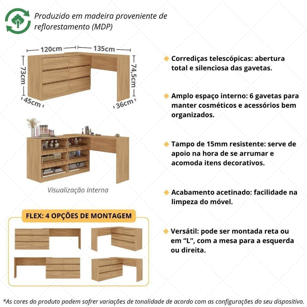 Penteadeira De Canto 120cm 6 Gavetas Flex Multimóveis Mp4404 Madeirado - 3