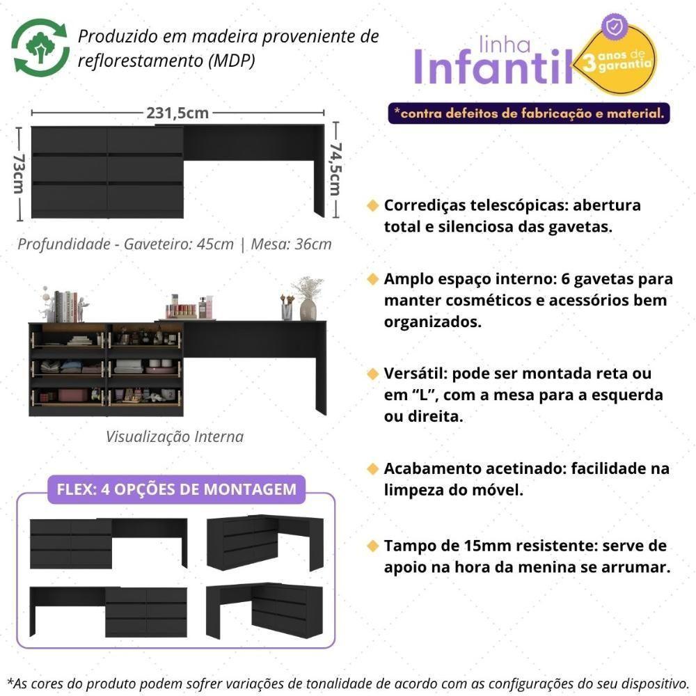Penteadeira Infantil 231,5cm Com 6 Gavetas Flex Multimóveis Mp4403 Preto - 3