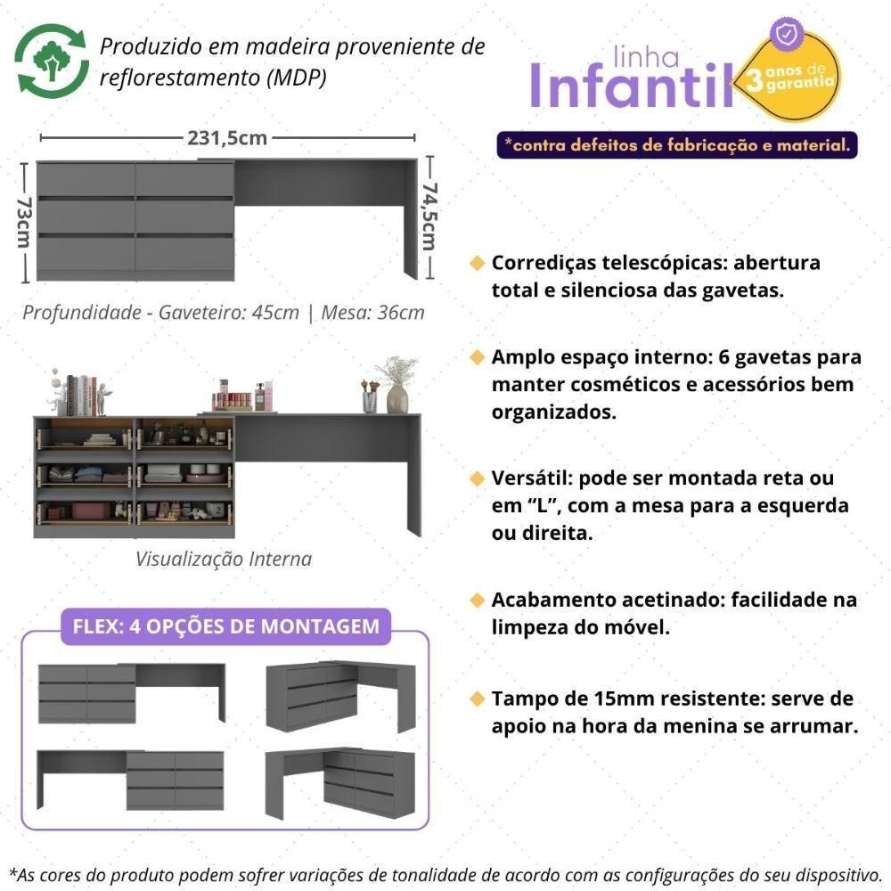 Penteadeira Infantil 231,5cm Com 6 Gavetas Flex Multimóveis Mp4403 Grafite - 3