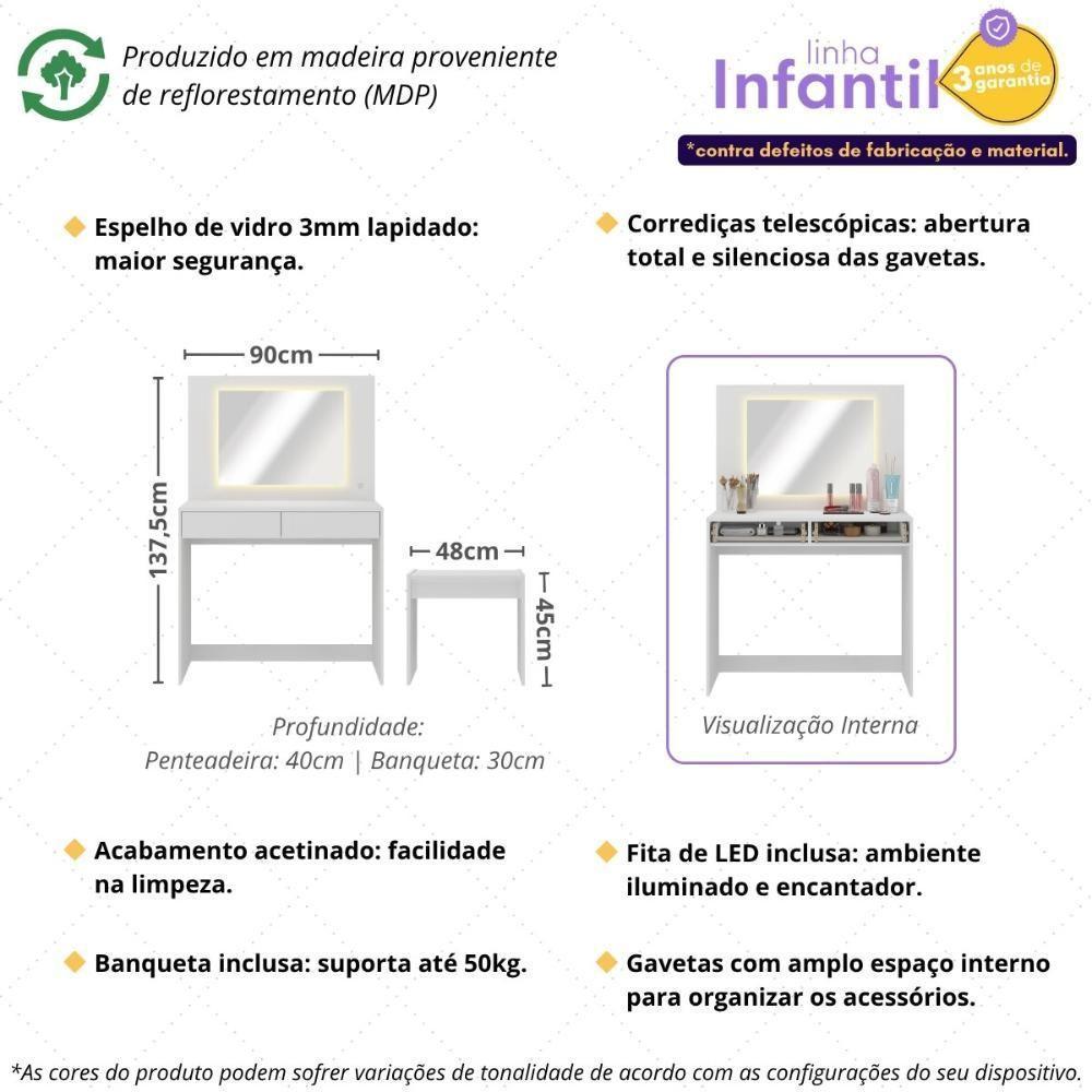 Penteadeira Infantil 90cm Com Banqueta Espelho Led 2 Gavetas Multimóveis Mp4398 Branco - 3