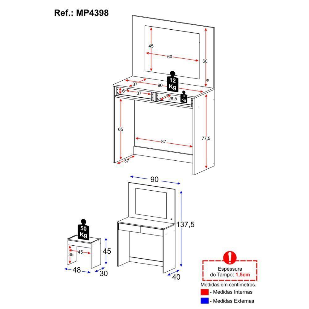 Penteadeira Infantil 90cm Com Banqueta Espelho Led 2 Gavetas Multimóveis Mp4398 Branco - 4