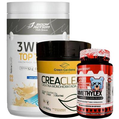 Kit 3whey Top Taste Body Action + Creatina 300g + Dimethylex Sabor Leite Condensado