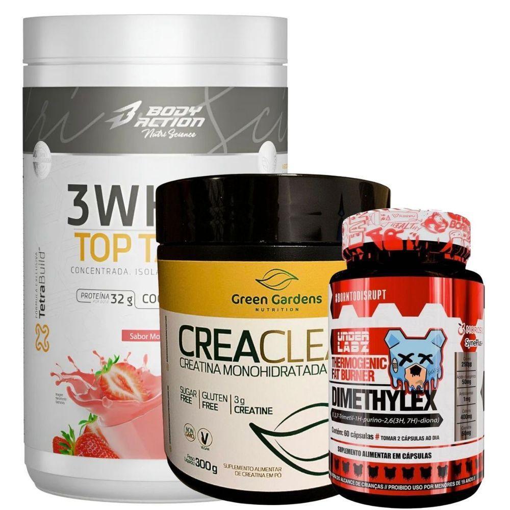 Kit 3whey Top Taste Body Action + Creatina 300g + Dimethylex Sabor Morango - 1