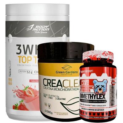 Kit 3whey Top Taste Body Action + Creatina 300g + Dimethylex Sabor Morango
