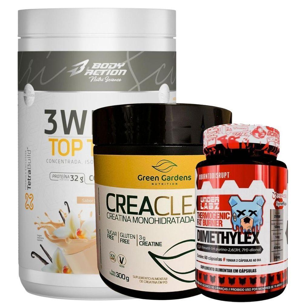Kit 3whey Top Taste Body Action + Creatina 300g + Dimethylex Sabor Baunilha - 1
