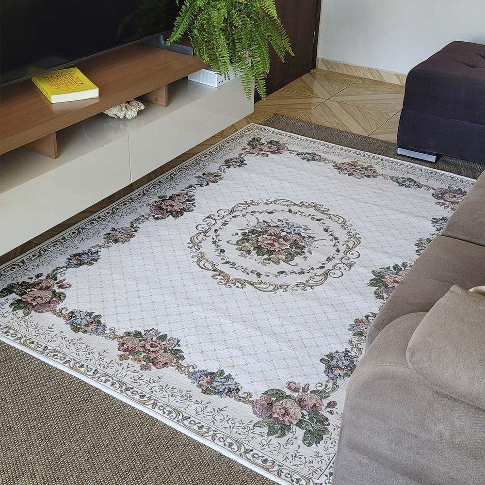 Tapete Sala Antiderrapante Floral Jasmin 01 Bege 1,00x1,50m - 1