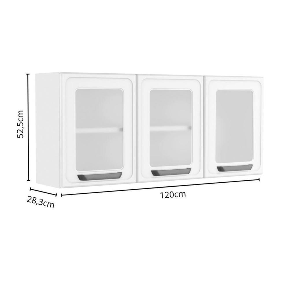 Armário Aéreo Cozinha Modulado Bella C- 3 Portas C- Vidro 120cm Branco - Bertolini - 2
