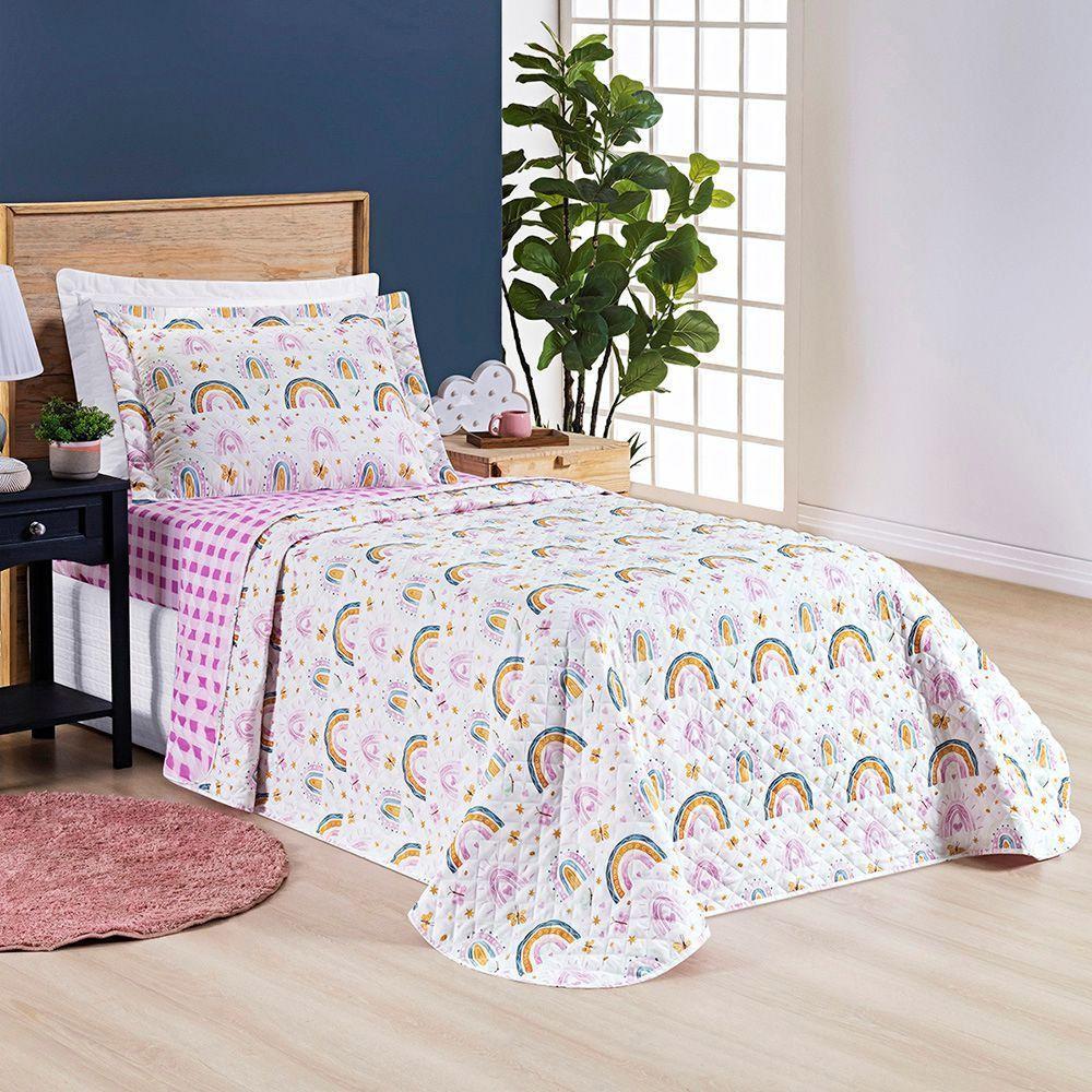 Coordenado Cobre Leito E Lençol Kidsteem Solteiro Rainbow 5 Pçs - 100% Poliéster - 2
