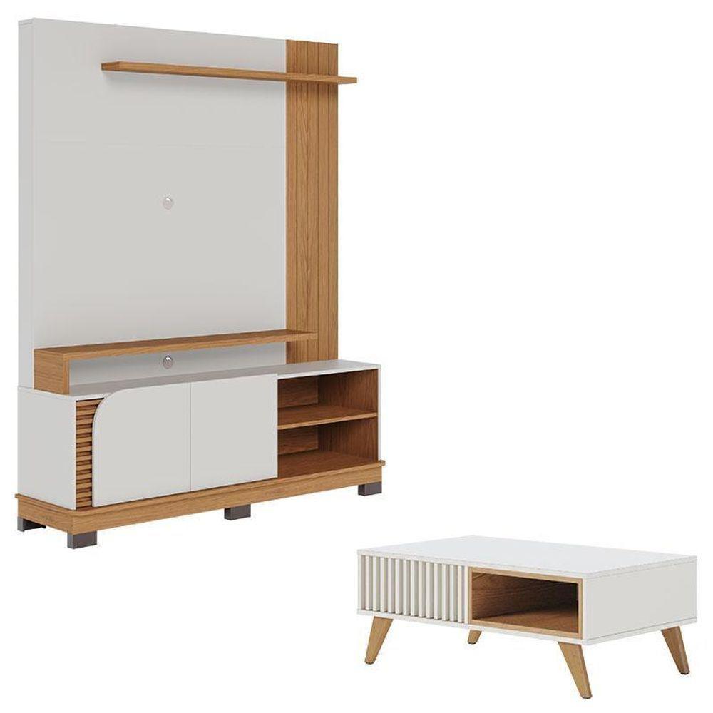 Estante Home Theater Jurerê 1.5 Off White Matte Freijó Com Mesa De Centro Jeri Off White Freijó - Colibri - 1
