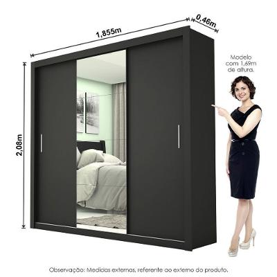 Guarda Roupa Casal Melissa 3 Portas Correr 4 Gavetas Preto MDP com Espelho