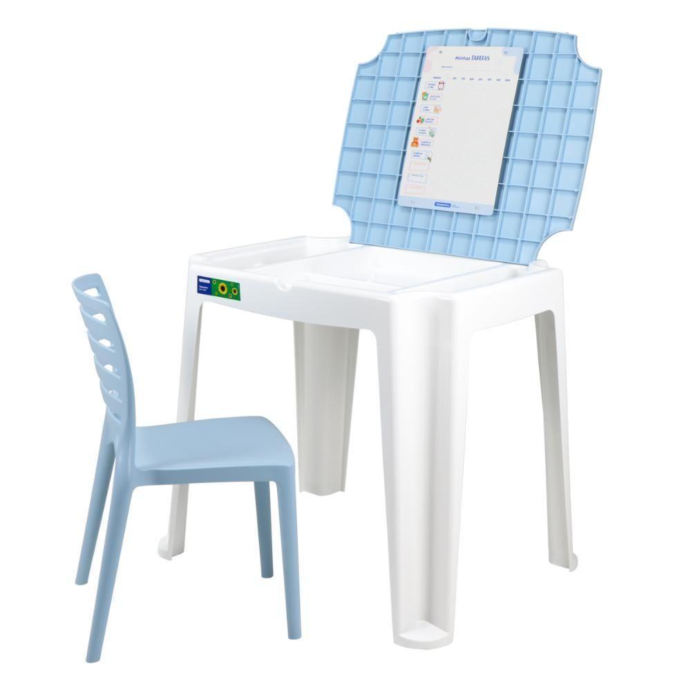 Conjunto De Mesa E Cadeira Infantil Tramontina Beni Em Polipropileno Azul Com Quadro De Atividades - 1