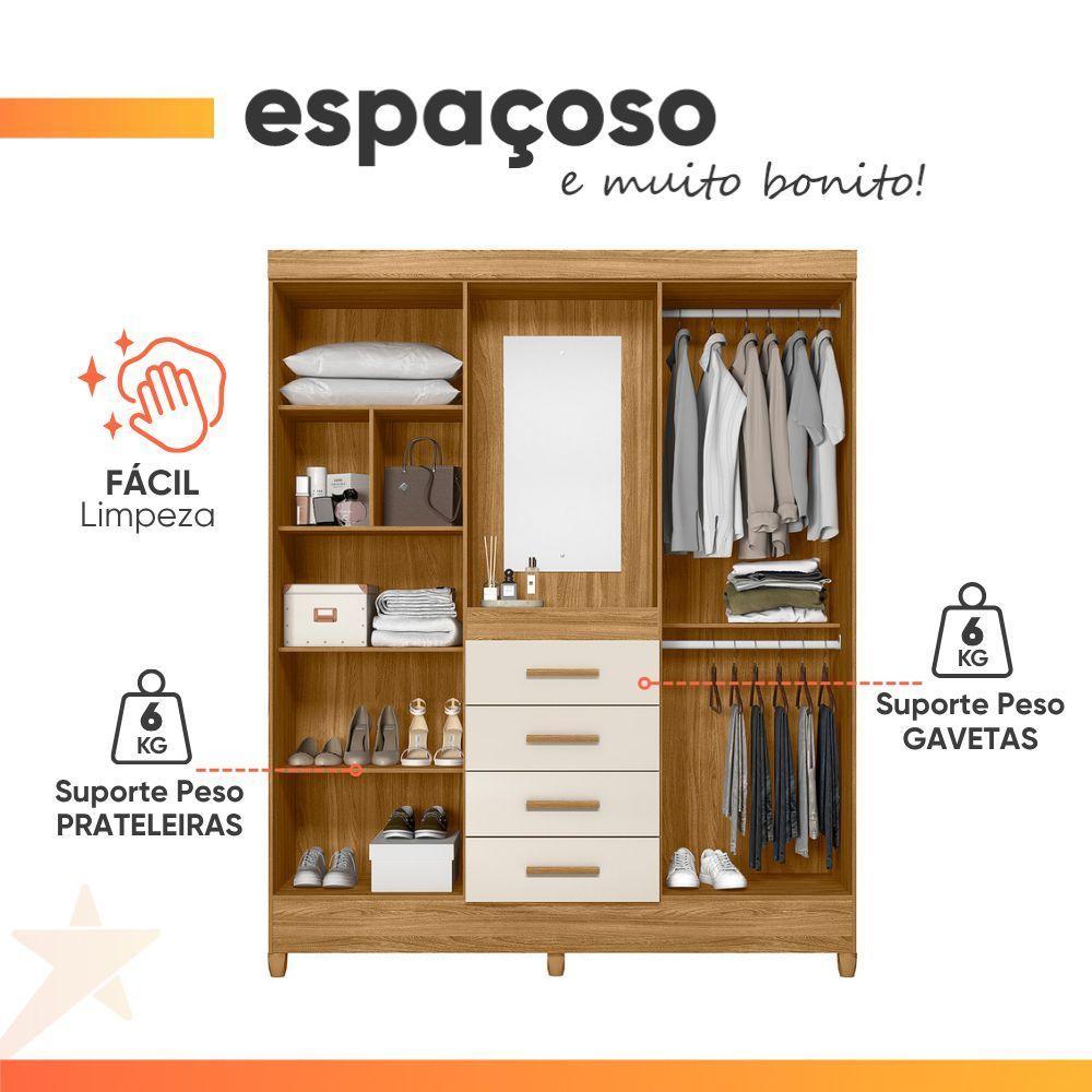 Guarda Roupas Casal Detalhes Frisados Com Espelho 4 Portas 4 Gavetas Viena Madeirado/off White - 6