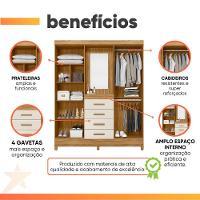 Guarda Roupas Casal Detalhes Frisados Com Espelho 4 Portas 4 Gavetas Viena Madeirado/off White - 3