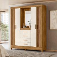 Guarda Roupas Casal Detalhes Frisados Com Espelho 4 Portas 4 Gavetas Viena Madeirado/off White