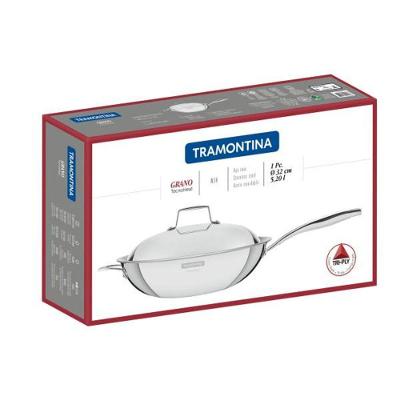 Wok Tramontina Grano Em Aço Inox Corpo Triplo Com Tampa E Cabo 32 Cm 5,2 L