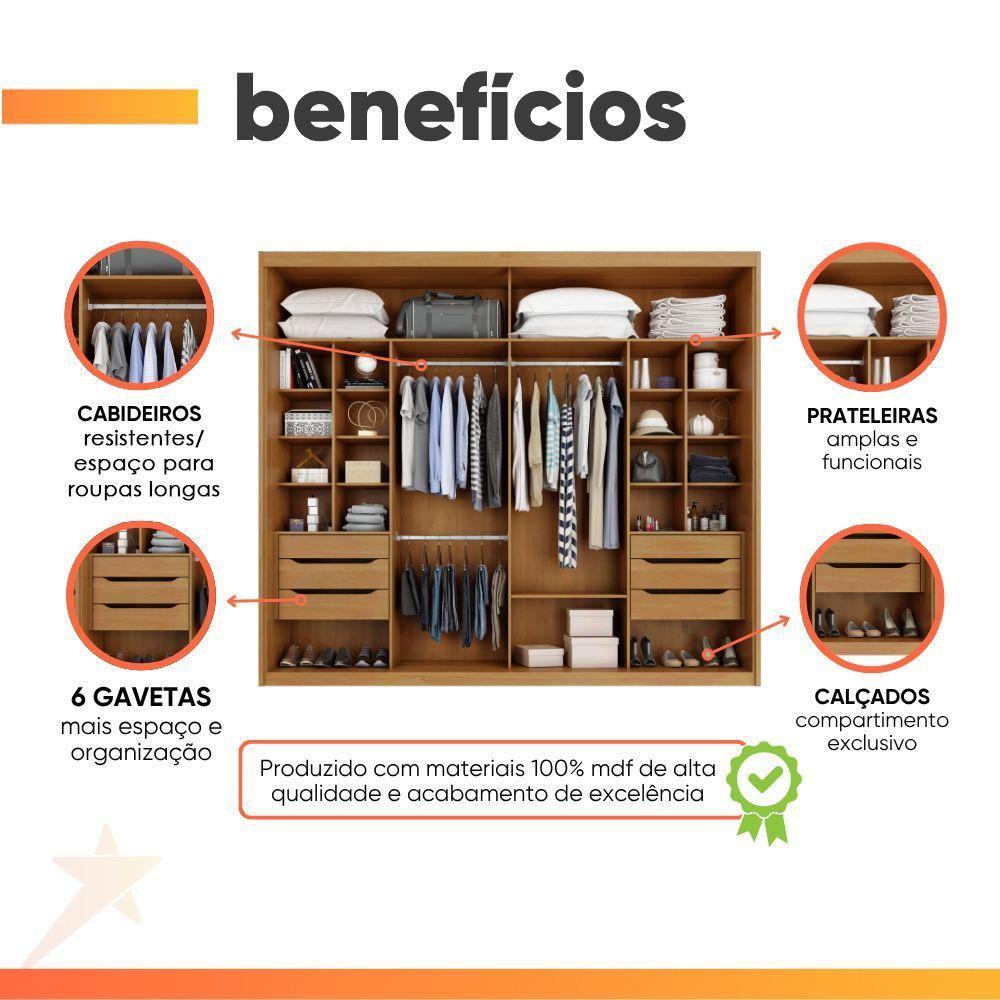 Guarda Roupas Casal 2 Portas De Correr Com Espelho 100% Mdf 6 Gavetas Firenze Madeirado - 4