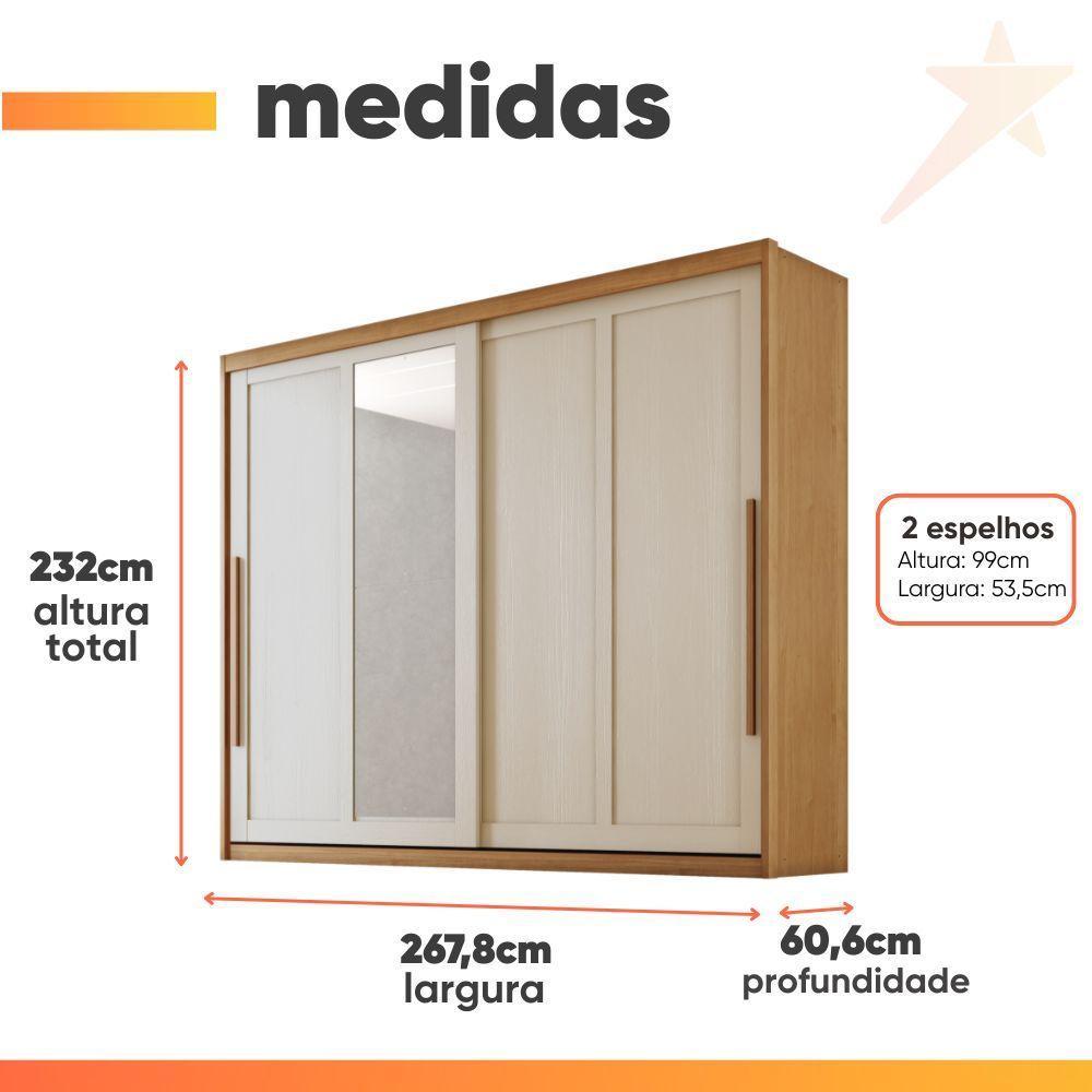 Guarda Roupas Casal 2 Portas De Correr Com Espelho 100% Mdf 6 Gavetas Firenze Madeirado / Areia - 3