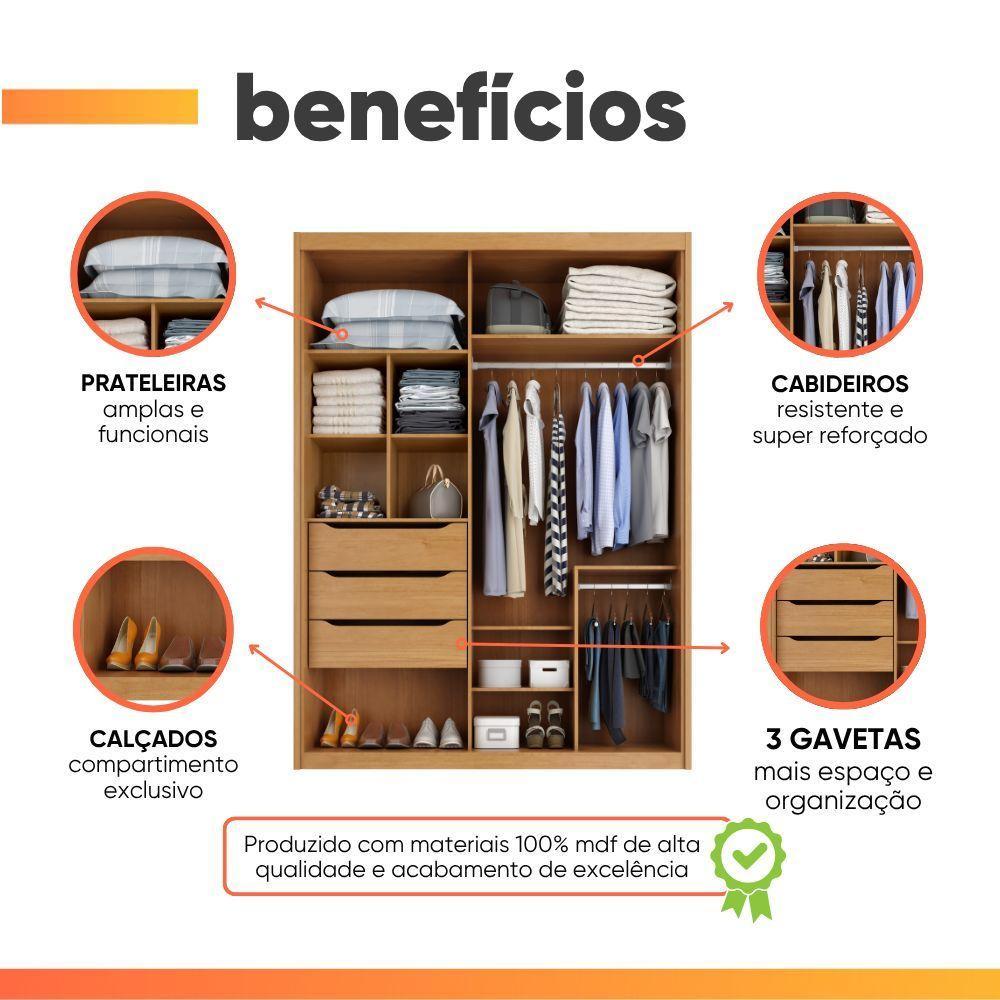 Guarda Roupas Casal 2 Portas De Correr 3 Gavetas 100% Mdf Ravena Madeirado / Areia - 5