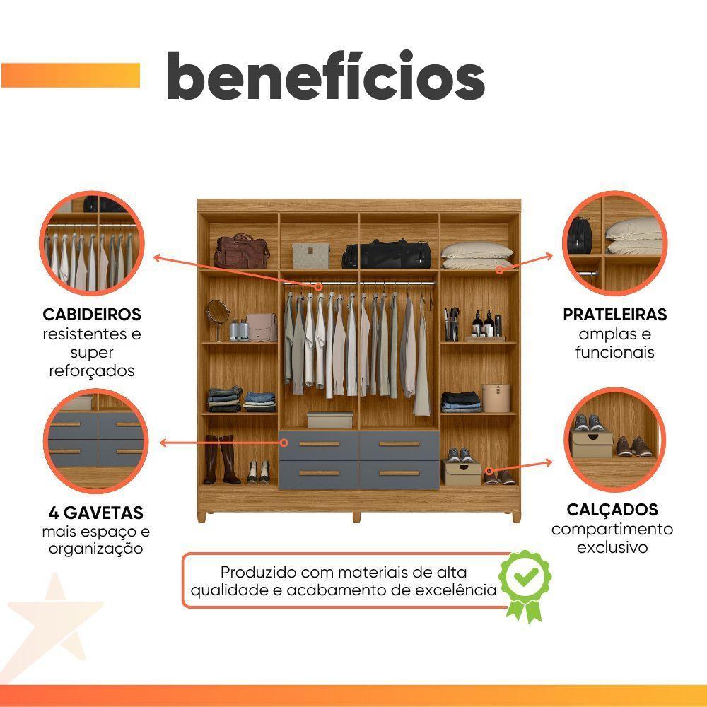 Guarda Roupas Casal 8 Portas 4 Gavetas Montana Madeirado / Cinza - 8