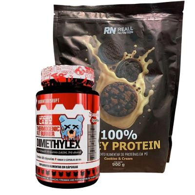 Kit Dimethylex Termogênico + Whey Protein 900g 100% Puro Sabor Cookies Cream