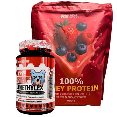 Kit Dimethylex Termogênico + Whey Protein 900g 100% Puro Sabor Iogurte Frutas Vermelhas