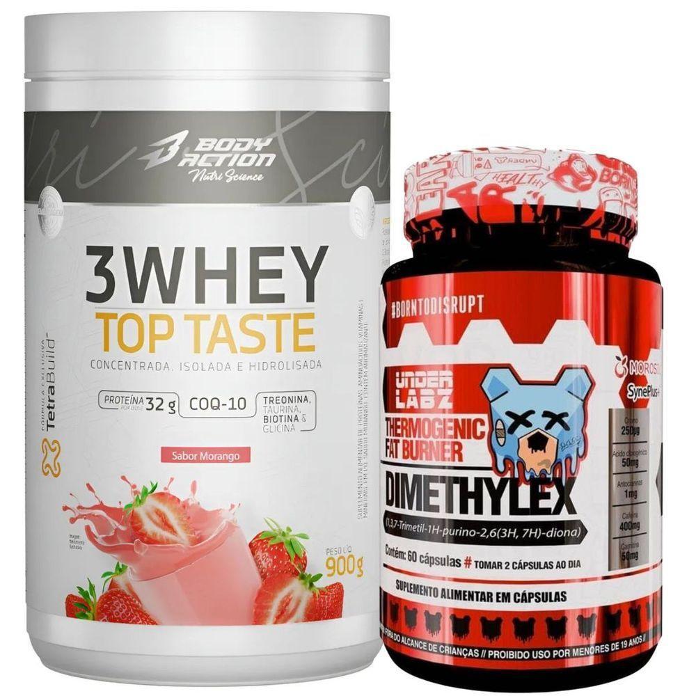 Kit Termogênico Dimethylex + Whey Protein 3w Body Action Sabor Morango - 1