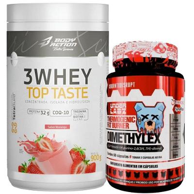 Kit Termogênico Dimethylex + Whey Protein 3w Body Action Sabor Morango