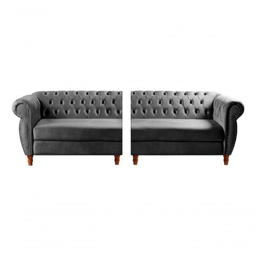 Sofá Nobreza 4 Lugares Clássico Chesterfield Bipartido Retrô Veludo Cinza 220 - Bella Decor - 2