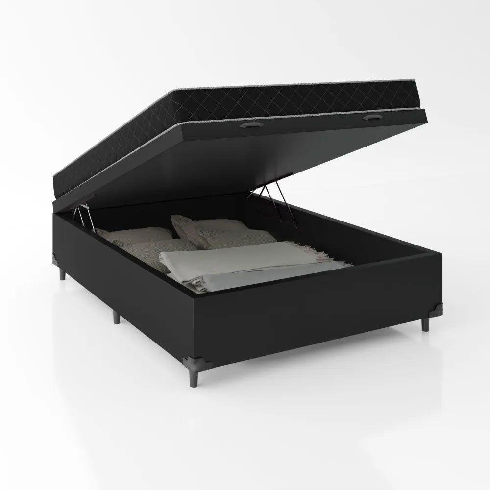 Cama Box Baú Casal 138 Sintético Preto Com Colchão De Espuma D20 - Tampo Preto 12cm - 2