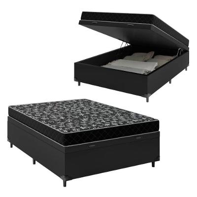 Cama Box Baú Casal 138 Sintético Preto Com Colchão De Espuma D20 - Tampo Preto 12cm