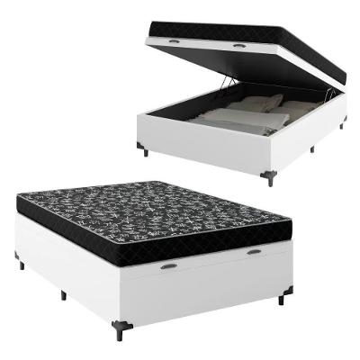 Cama Box Baú Casal 138 Sintético Branco Com Colchão De Espuma D20 - Tampo Preto 12cm