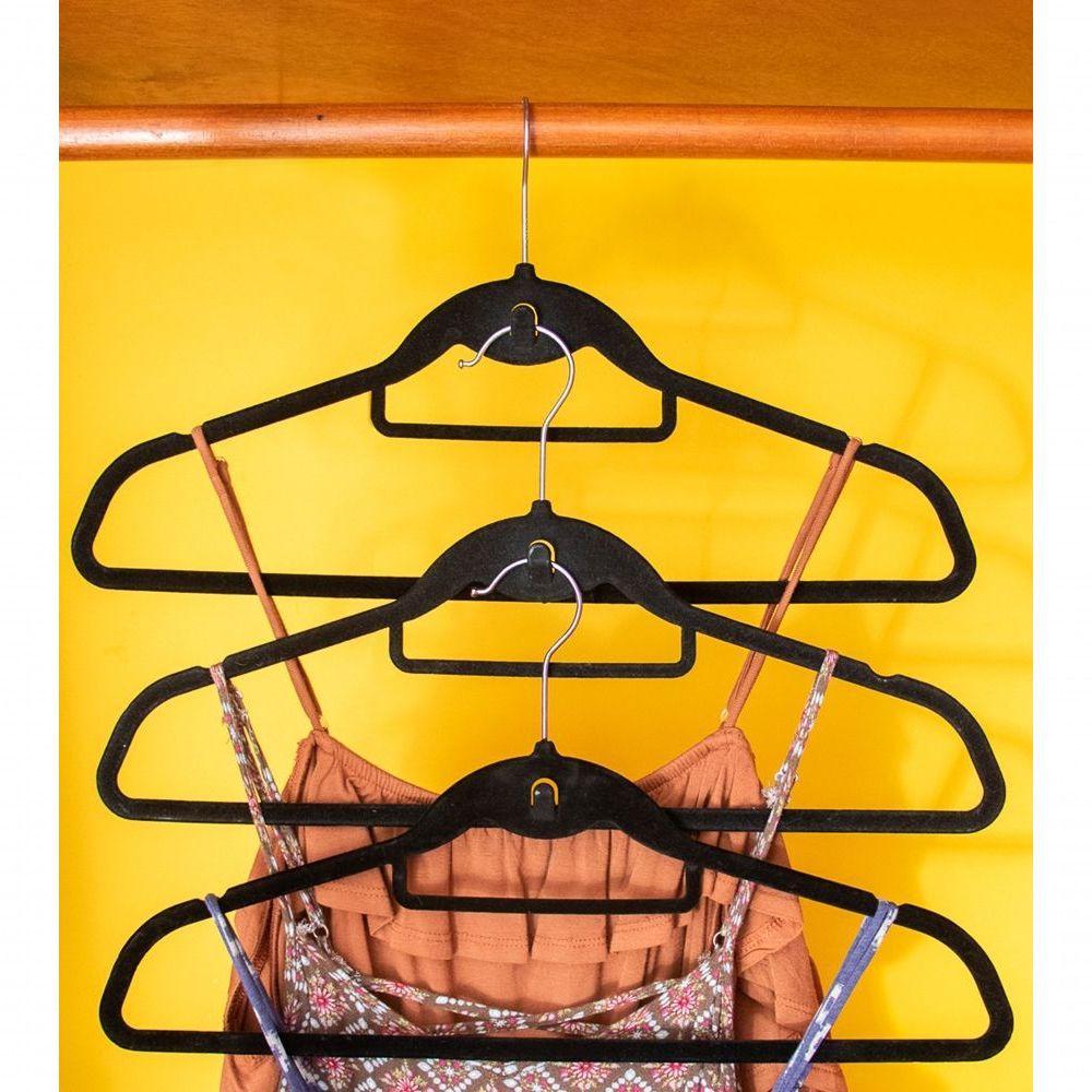 Cabide Veludo Ultra Fino Com Gancho Frontal - Conjunto 3 Peças Preto Para Organizar Seu Closet - 6