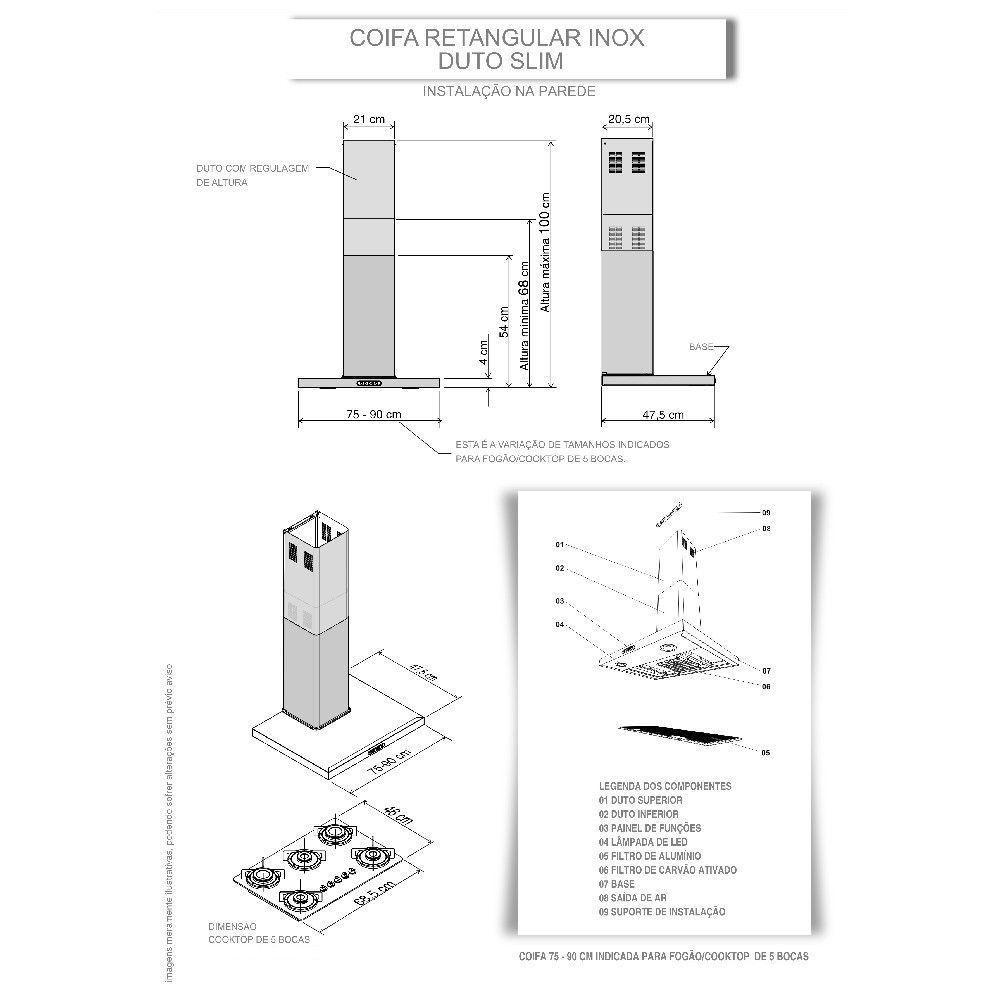 Coifa De Parede 75cm Retangular Duto Slim Fogatti Inox 110V - 7