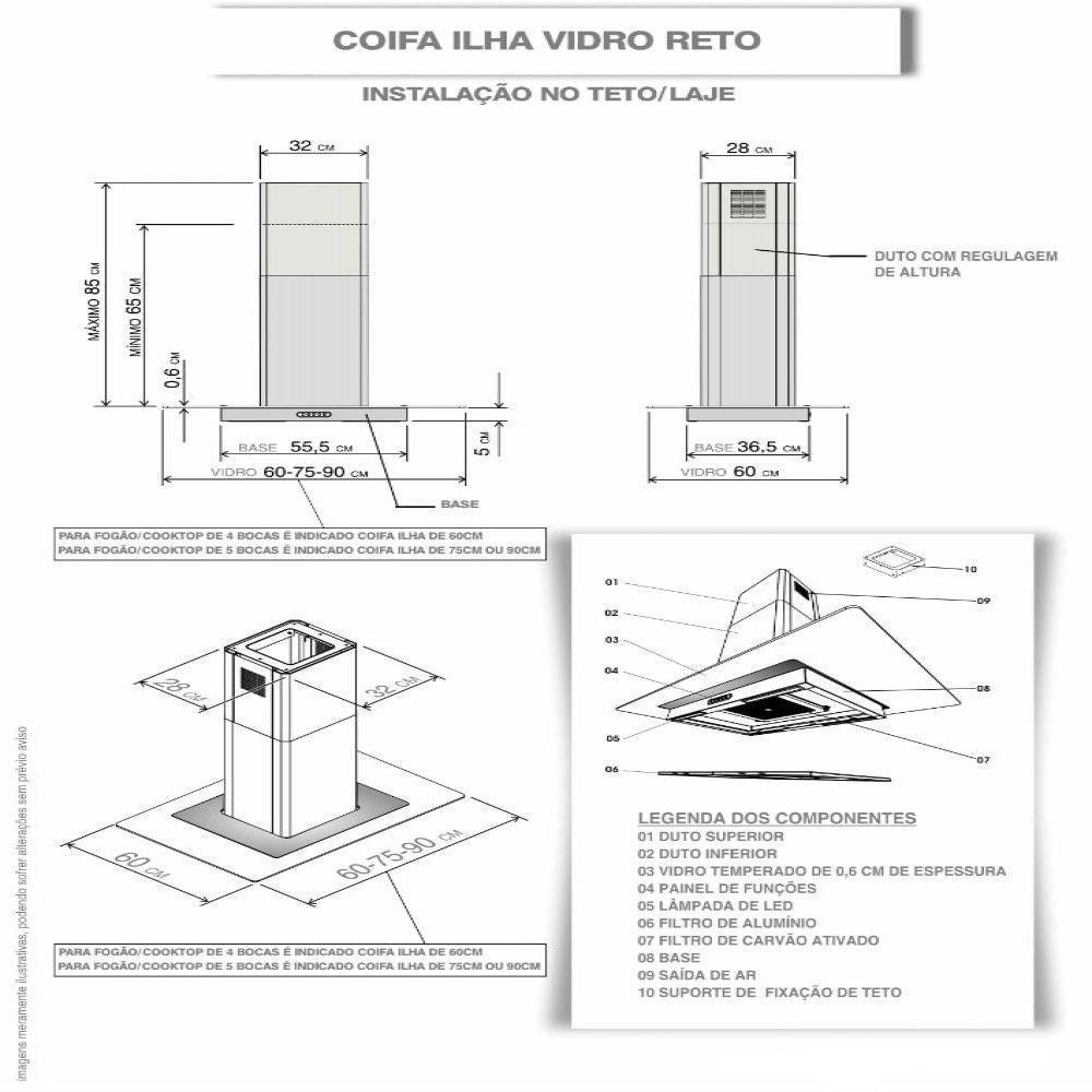 Coifa Ilha 90cm Vidro Reto Fogatti Inox 110V - 4