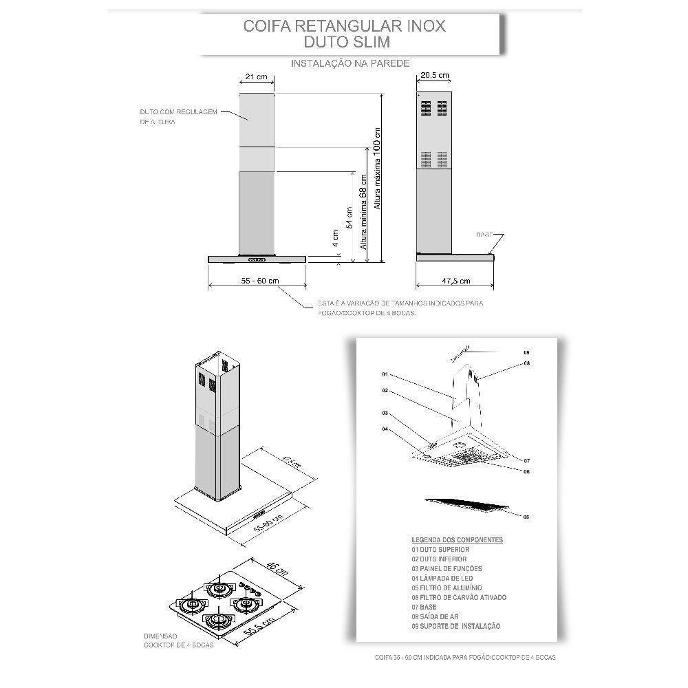 Coifa De Parede 60cm Retangular Duto Slim Fogatti Inox 220V - 7