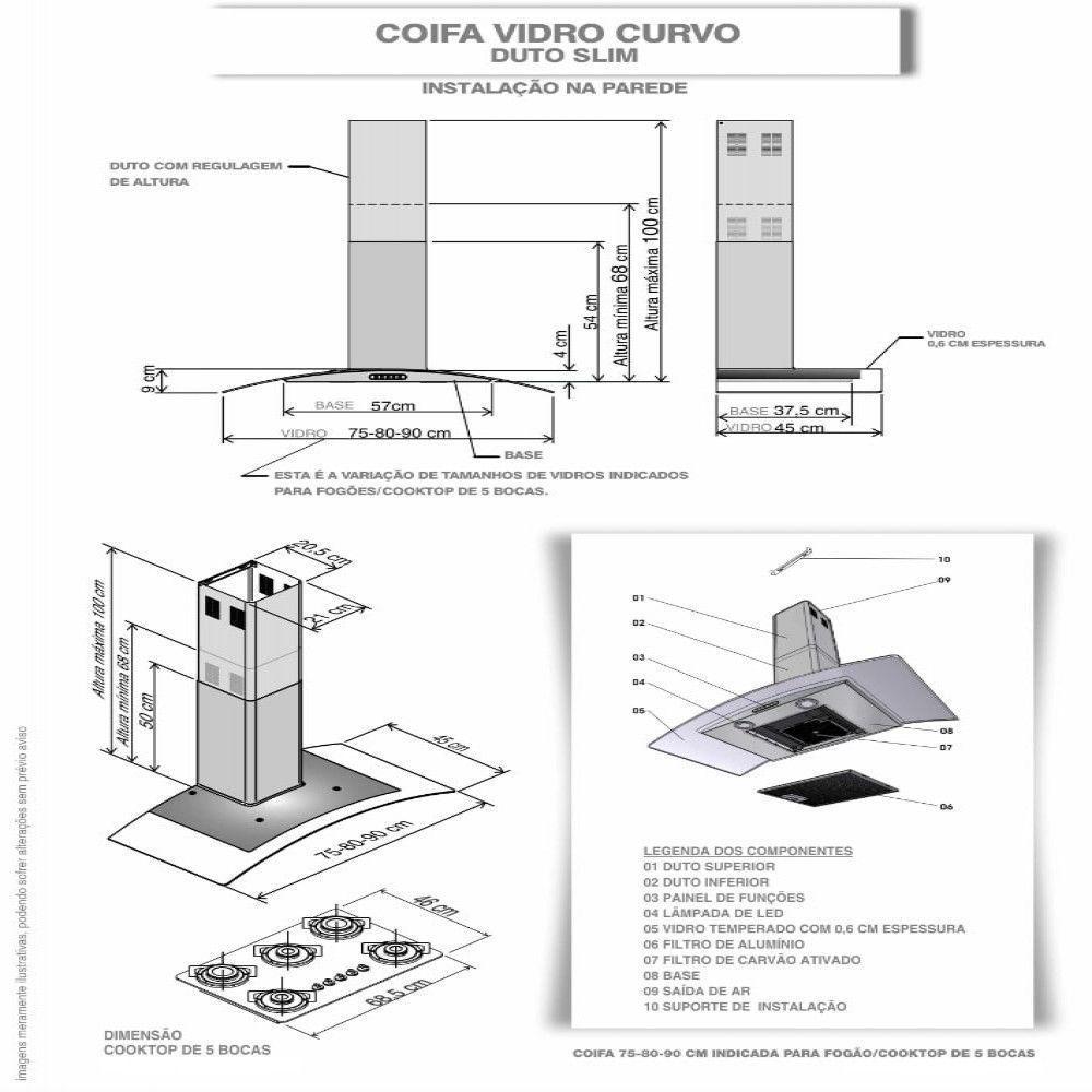 Coifa De Parede 90cm Vidro Curvo Duto Slim Fogatti Black 220V - 5