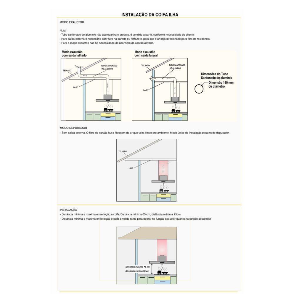 Coifa Ilha 60cm Vidro Reto Fogatti Inox 220V - 5